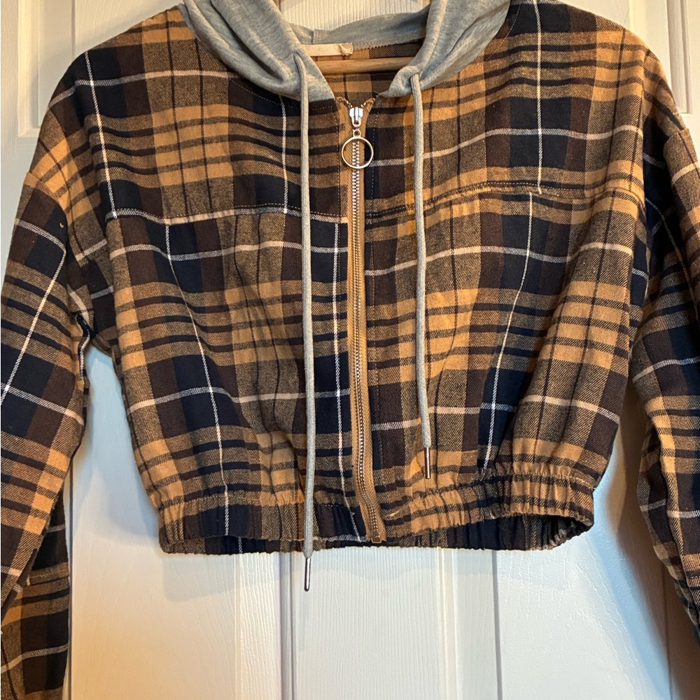 Altar'd State Gray and Tan Plaid Hoodie - Picture 2 of 9